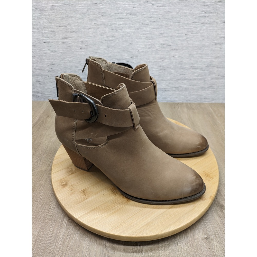 Vionic Rory Ankle Boots Heeled Booties Taupe Leather Buckle‎ Accent Size 11